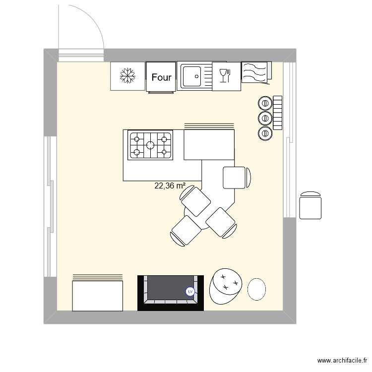 Voltaire cuisine. Plan de 1 pièce et 22 m2