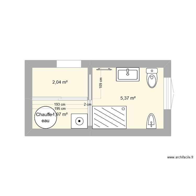 bagno amici. Plan de 3 pièces et 9 m2