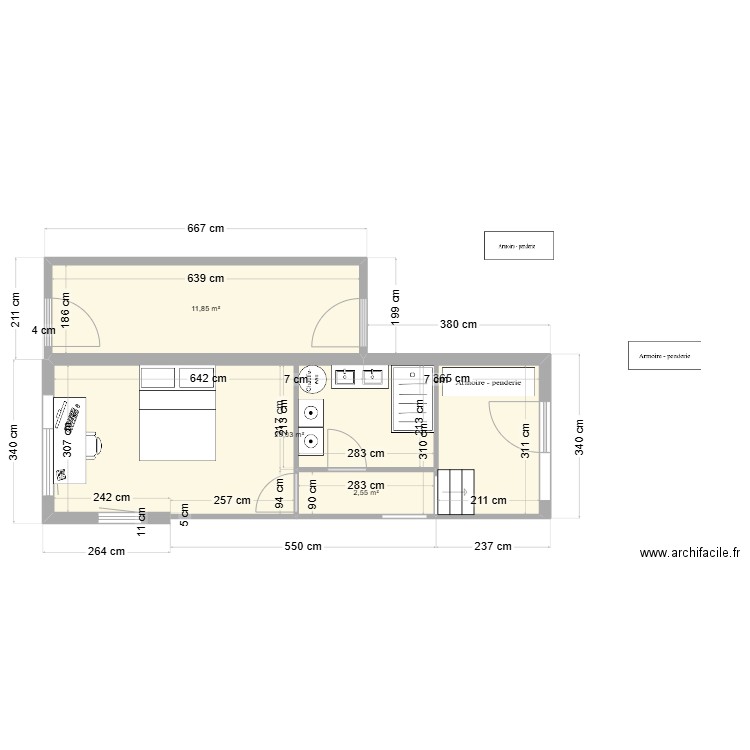 extension. Plan de 3 pièces et 42 m2