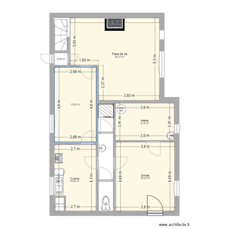 Pallud RDC. Plan de 7 pièces et 78 m2