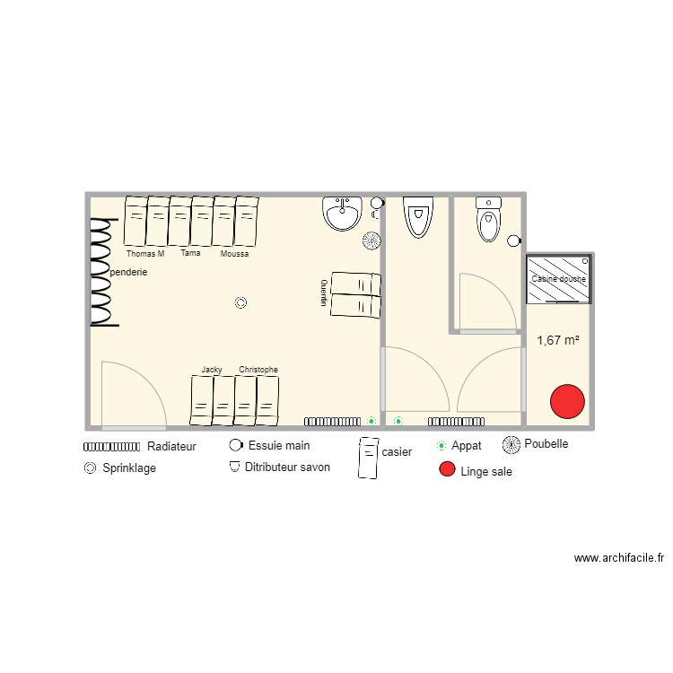 Vestiaire 1 . Plan de 4 pièces et 17 m2