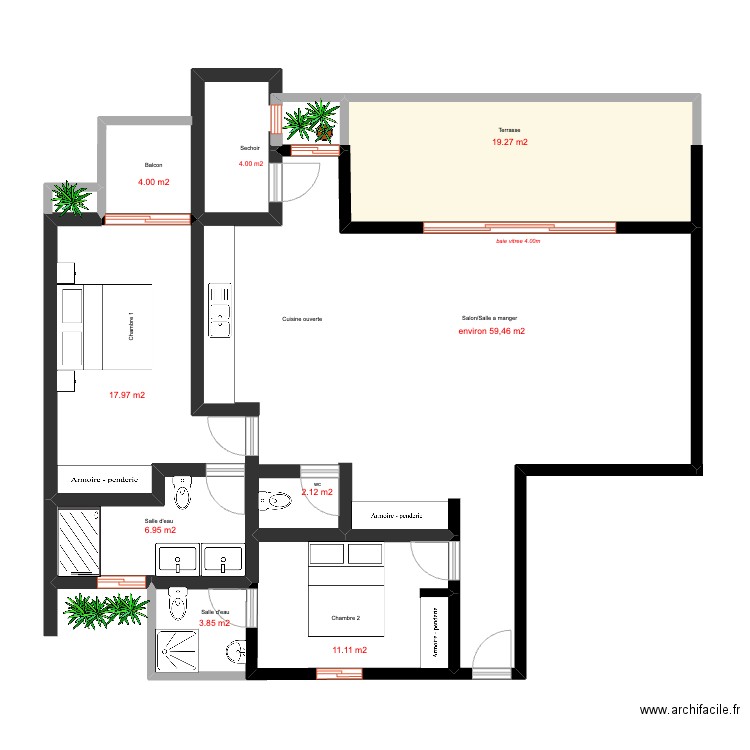 Plan Abidjan 3. Plan de 2 pièces et 29 m2