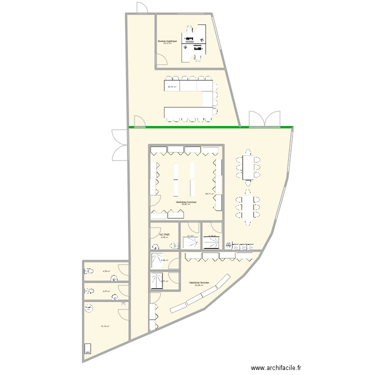 Locaux sociaux 7G. Plan de 5 pièces et 223 m2