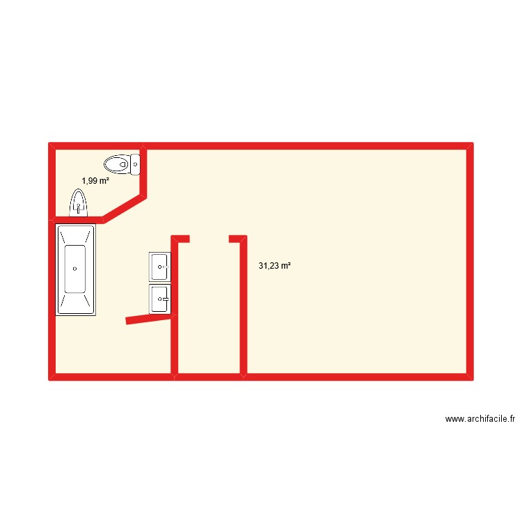 chambre independent. Plan de 2 pièces et 33 m2