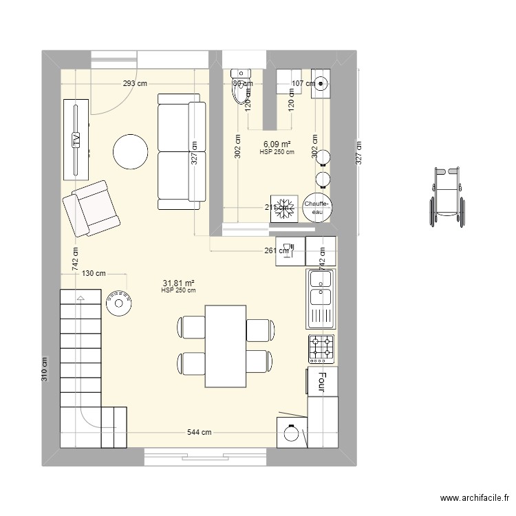 odile. Plan de 2 pièces et 38 m2