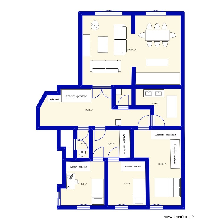 Appart. Plan de 8 pièces et 106 m2