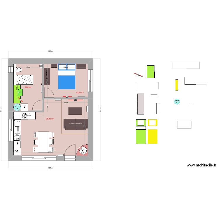 45m2 1ch. Plan de 3 pièces et 45 m2