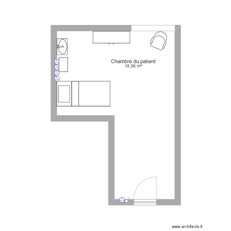 chambre du patient. Plan de 1 pièce et 19 m2