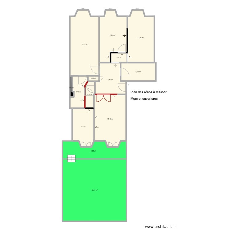 Rénos a faire. Plan de 14 pièces et 138 m2