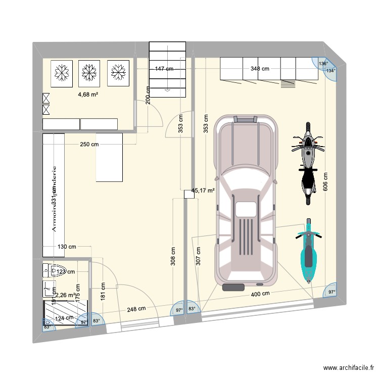 sous sol. Plan de 3 pièces et 52 m2