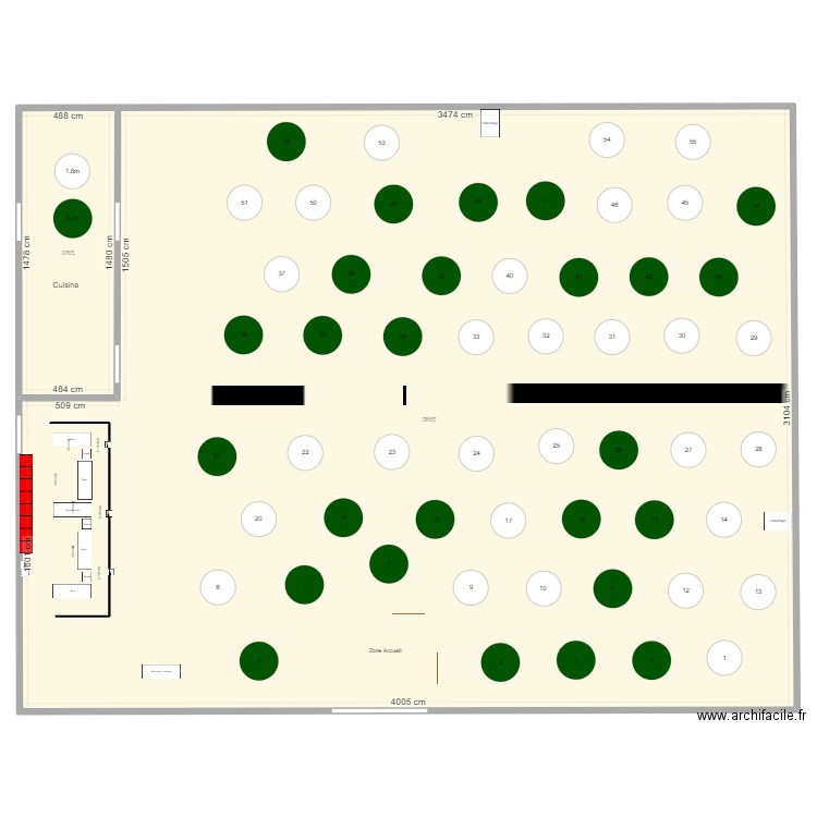 Chapiteau Réception vip - 500 personnes. Plan de 2 pièces et 1236 m2