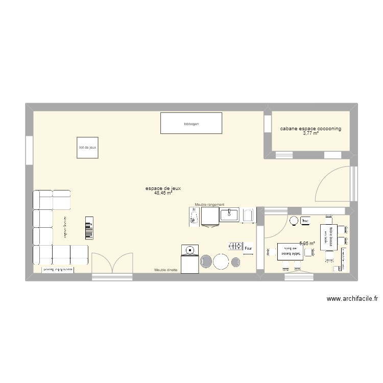 plan de la salle de jeux. Plan de 3 pièces et 58 m2