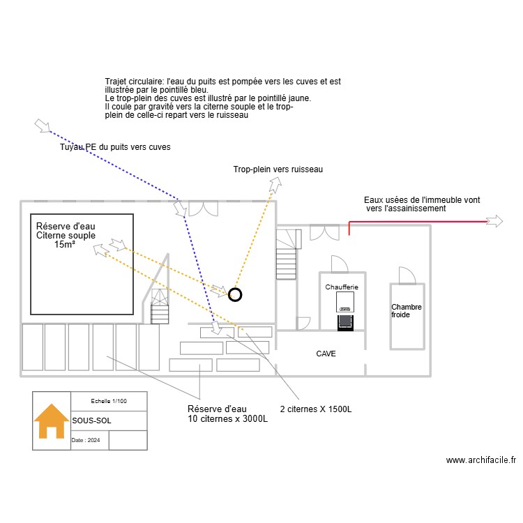 Sous-Sol Fin tuyaux. Plan de 4 pièces et 164 m2