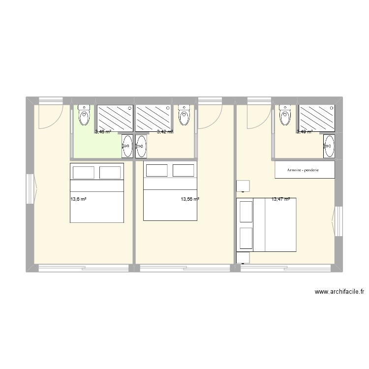 plan chambre à jour. Plan de 6 pièces et 51 m2