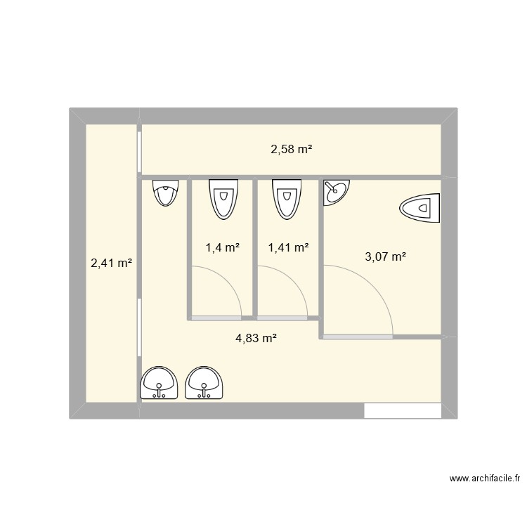 WC public . Plan de 6 pièces et 16 m2