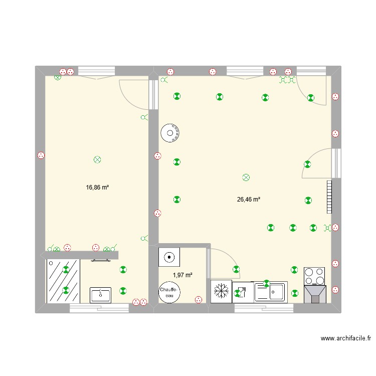 Maison Mamie ELEC + EQUIPEMENT. Plan de 3 pièces et 45 m2