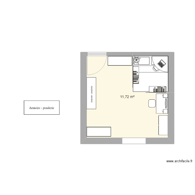 chambre. Plan de 1 pièce et 12 m2