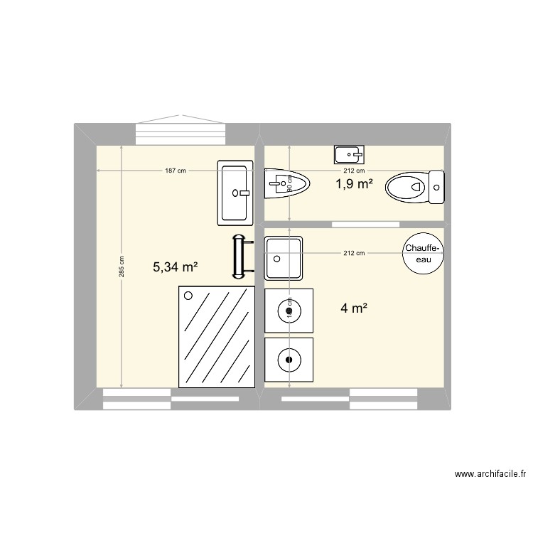 Sanitaires2. Plan de 3 pièces et 11 m2