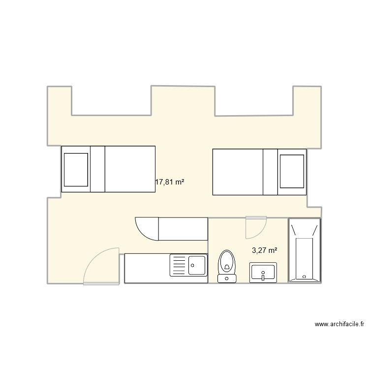 stud. Plan de 2 pièces et 21 m2