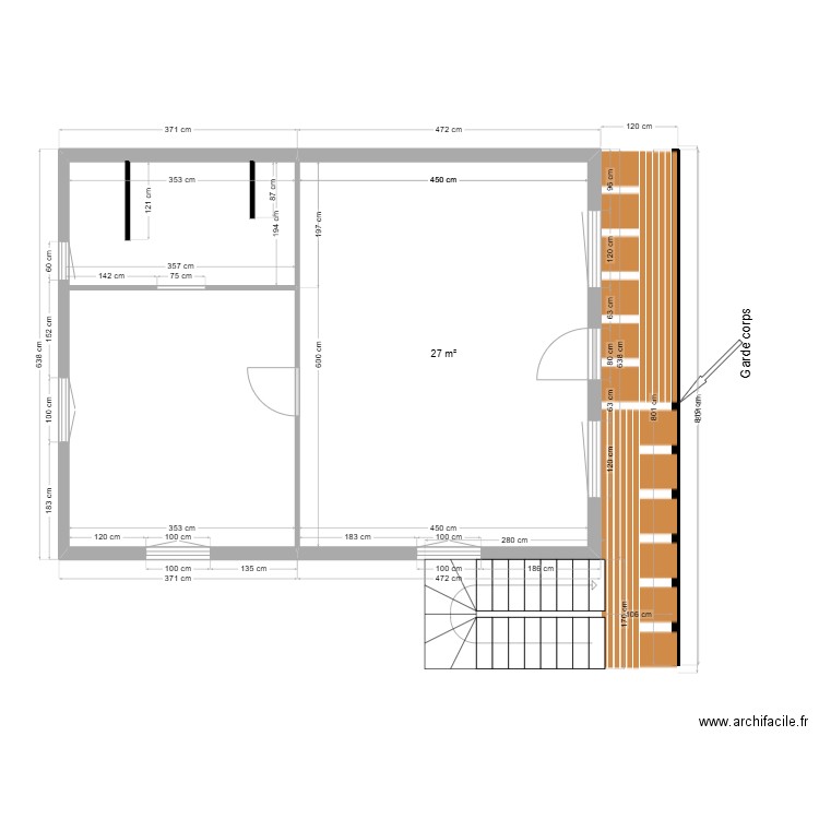 Maison 8 x 6 gauche structure. Plan de 1 pièce et 27 m2