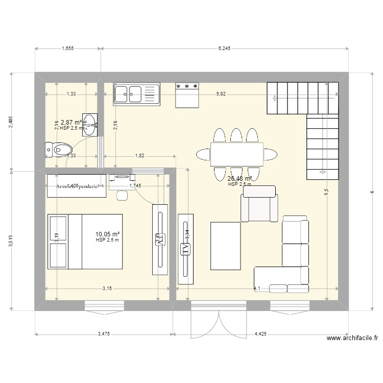 6x8. Plan de 3 pièces et 39 m2