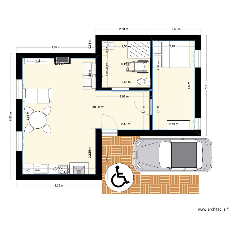 Plan 1. Plan de 2 pièces et 44 m2