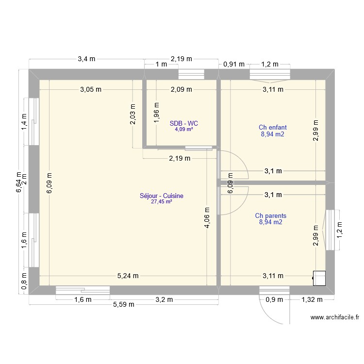 MOB Plan de niveau sans meuble. Plan de 3 pièces et 50 m2