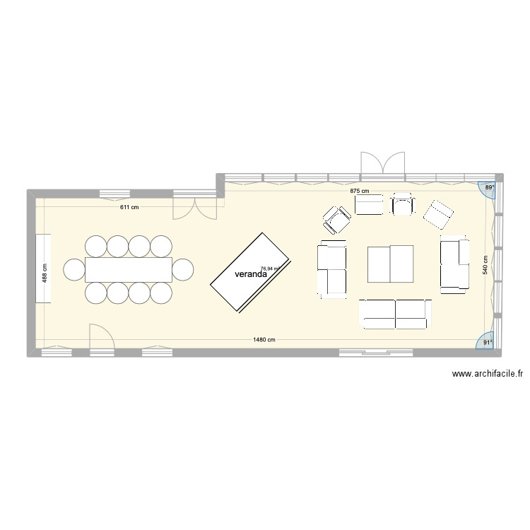 veranda pageas. Plan de 1 pièce et 77 m2