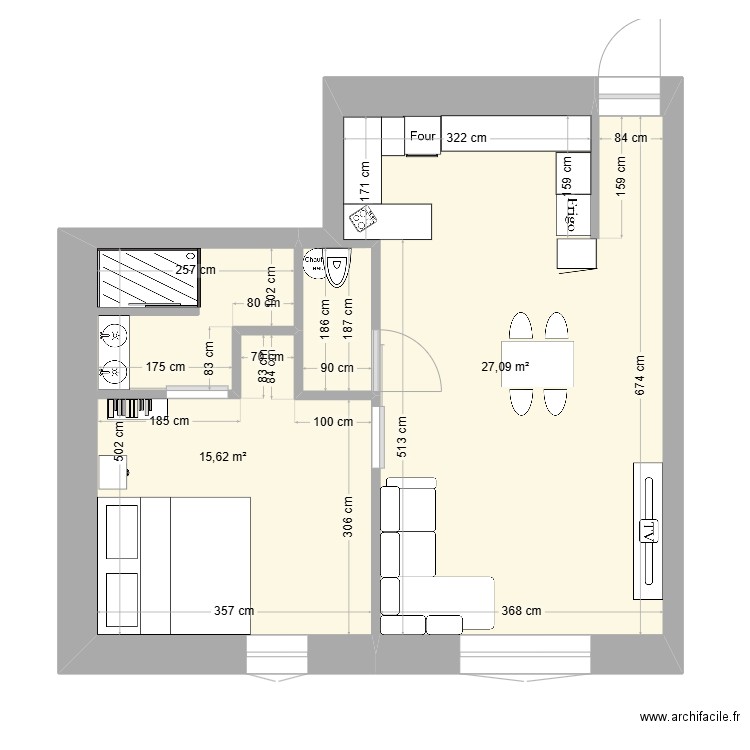 Appart . Plan de 2 pièces et 43 m2