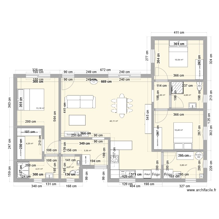 101 m2 avec 3 chambres . Plan de 11 pièces et 103 m2