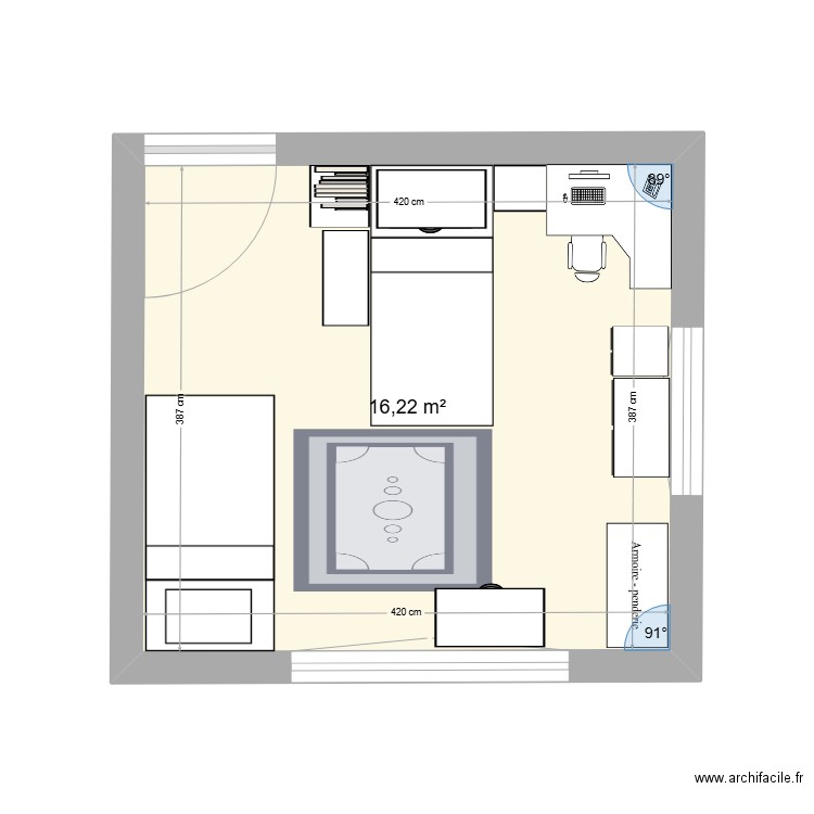 Chambre filles. Plan de 1 pièce et 16 m2