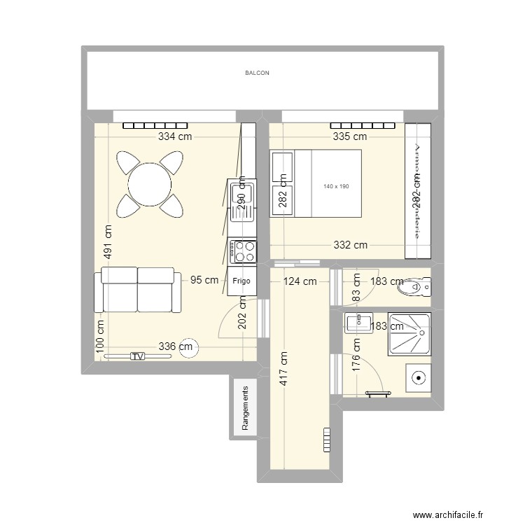 T2 Belarbi - Cuisine GAUCHE. Plan de 6 pièces et 36 m2