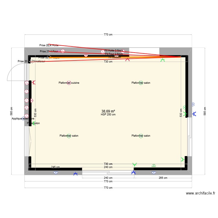 Plan RDC avec électricité. Plan de 1 pièce et 39 m2