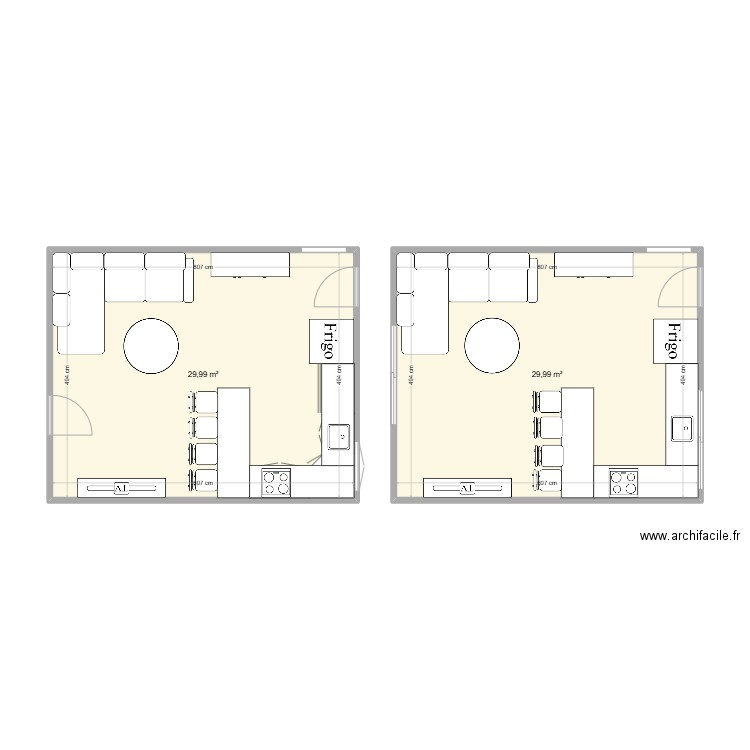 Pièce de vie Pendant et Après. Plan de 2 pièces et 60 m2