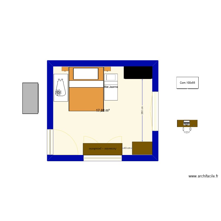 chambre. Plan de 1 pièce et 18 m2