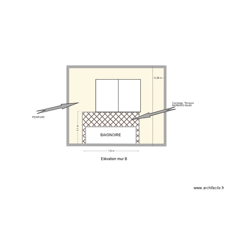 Elévation Mur B 2 SDB étage. Plan de 3 pièces et 8 m2