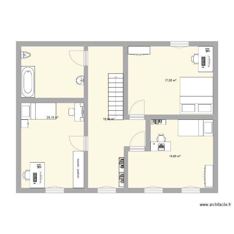 etage. Plan de 4 pièces et 74 m2