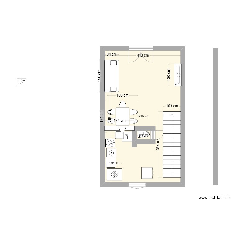 Salon Cuisine WC V3. Plan de 2 pièces et 34 m2