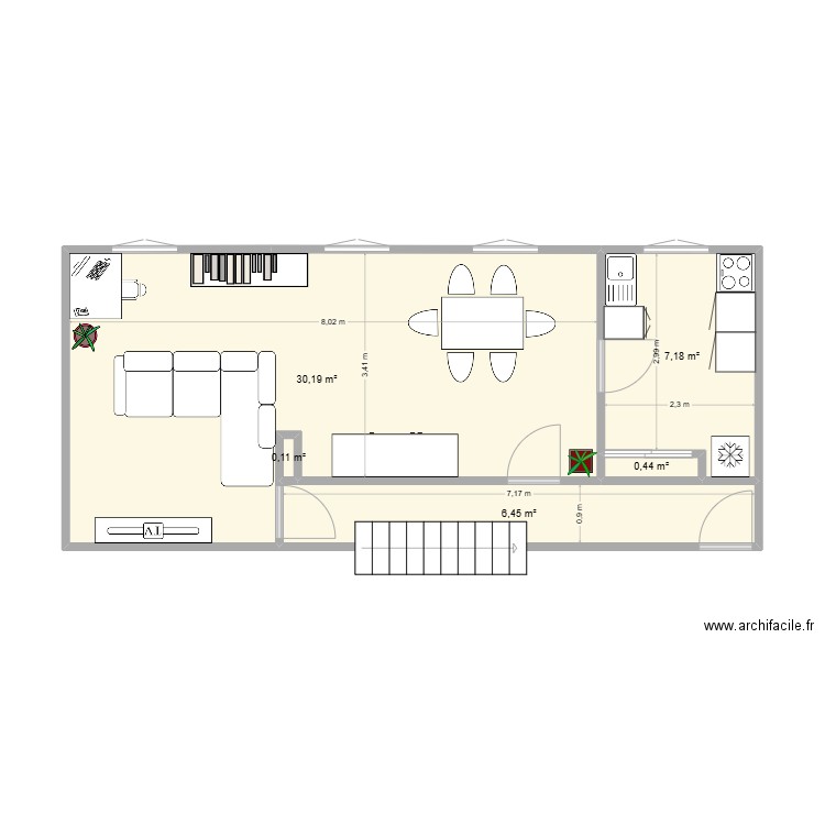 Fécamp 3 1 étage duplex RDC fini. Plan de 5 pièces et 44 m2