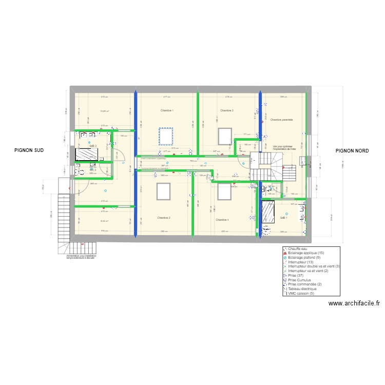 Plan implantation R+1 V3. Plan de 13 pièces et 150 m2