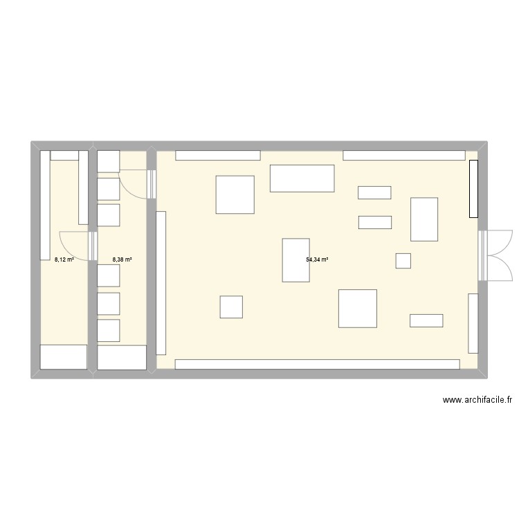 magasin. Plan de 3 pièces et 71 m2