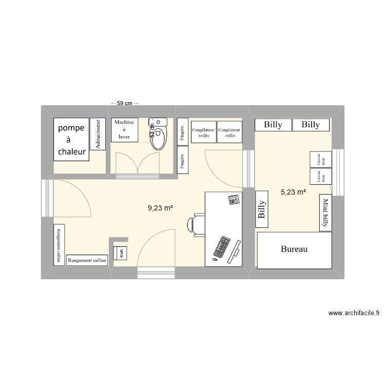 buanderie. Plan de 4 pièces et 17 m2