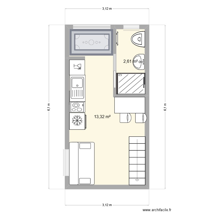 studio 3. Plan de 2 pièces et 16 m2