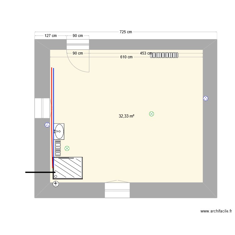 chambre . Plan de 1 pièce et 32 m2