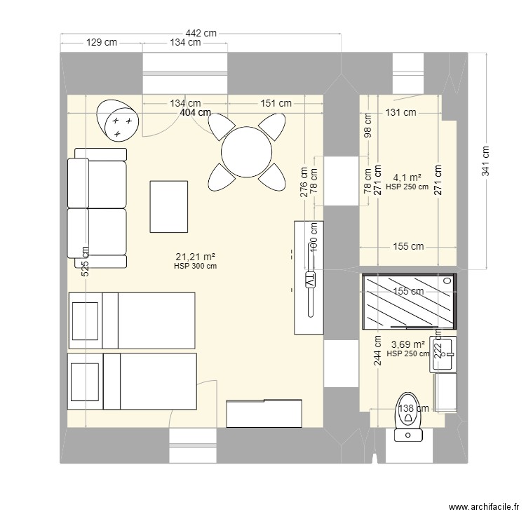 Studio. Plan de 3 pièces et 29 m2