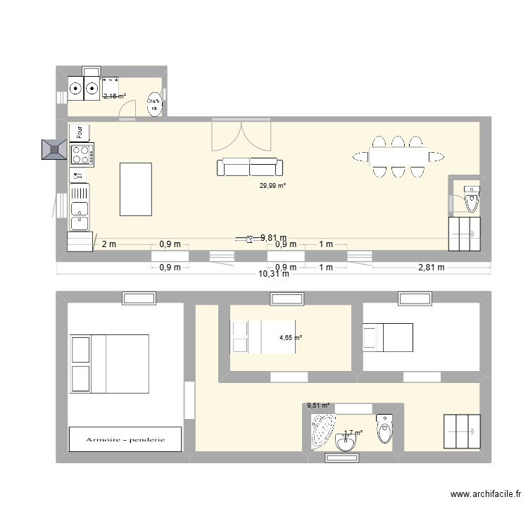 rénovation rdc +étage. Plan de 5 pièces et 48 m2