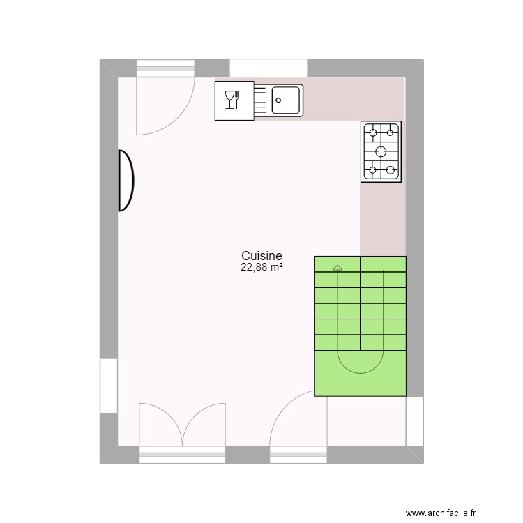 Cuisine Escalier tourner. Plan de 1 pièce et 23 m2