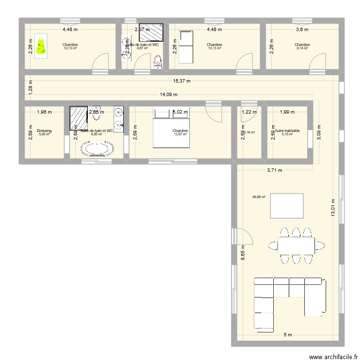 Casa 2. Plan de 10 pièces et 133 m2