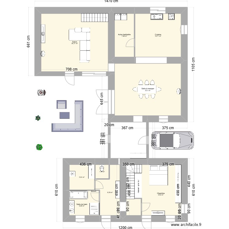 maison rdc. Plan de 5 pièces et 49 m2