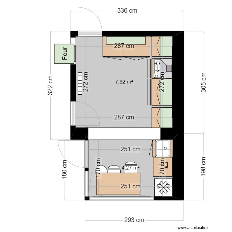 ameublement cuisine 2. Plan de 2 pièces et 12 m2